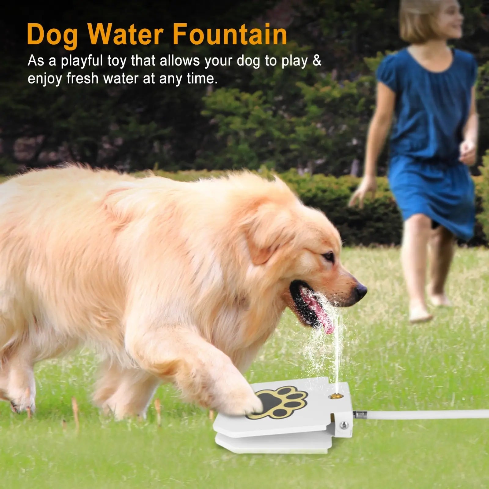 White plastic dog water fountain with black paw print design featuring a step on outdoor pet sprinkler valve