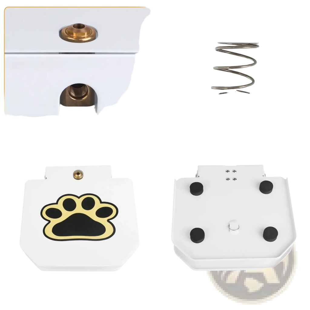 White plastic dog water fountain with black paw print and brass metal valve for outdoor pet sprinkler use