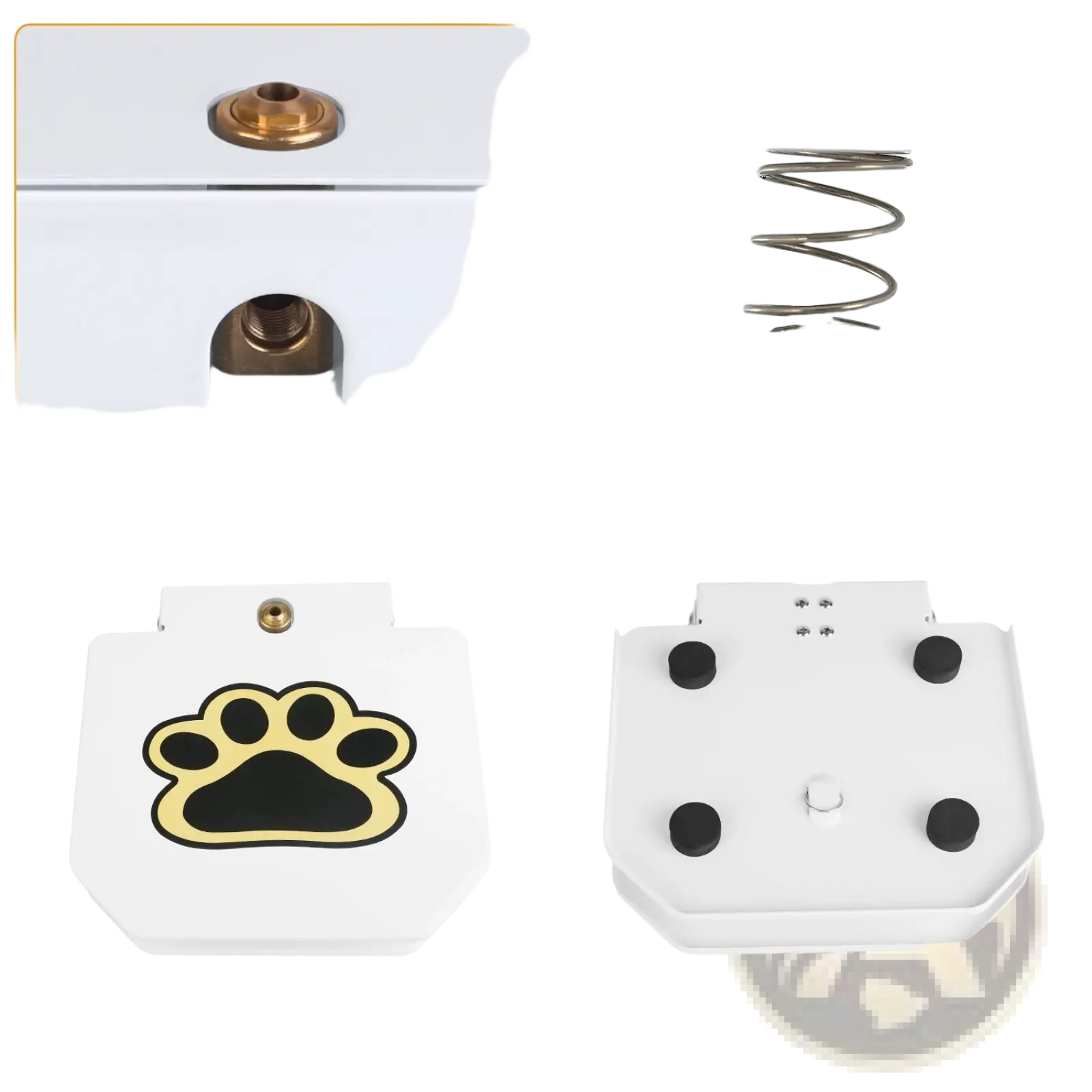 White plastic dog water fountain with black paw print and brass metal valve for outdoor pet sprinkler use