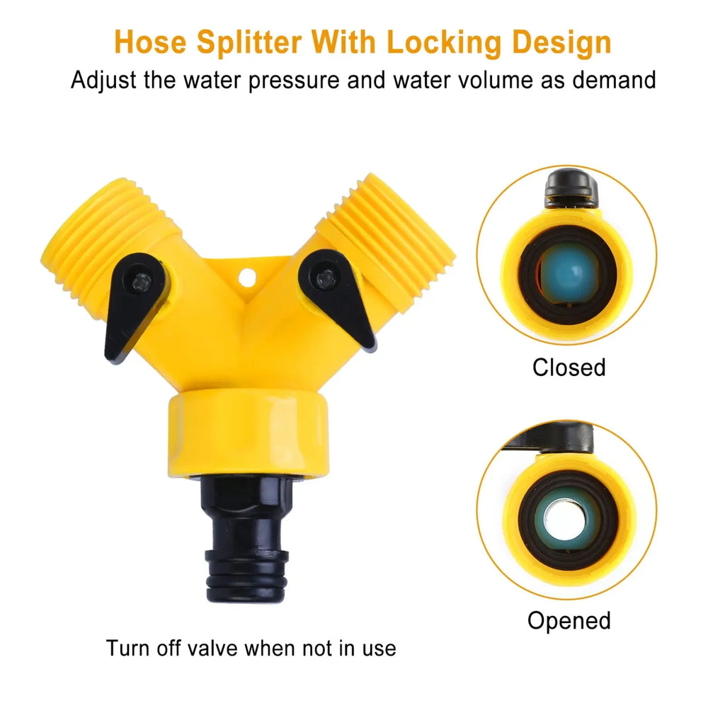 Yellow plastic dog water fountain hose splitter with black locking levers and central valve for outdoor pet sprinkler valve