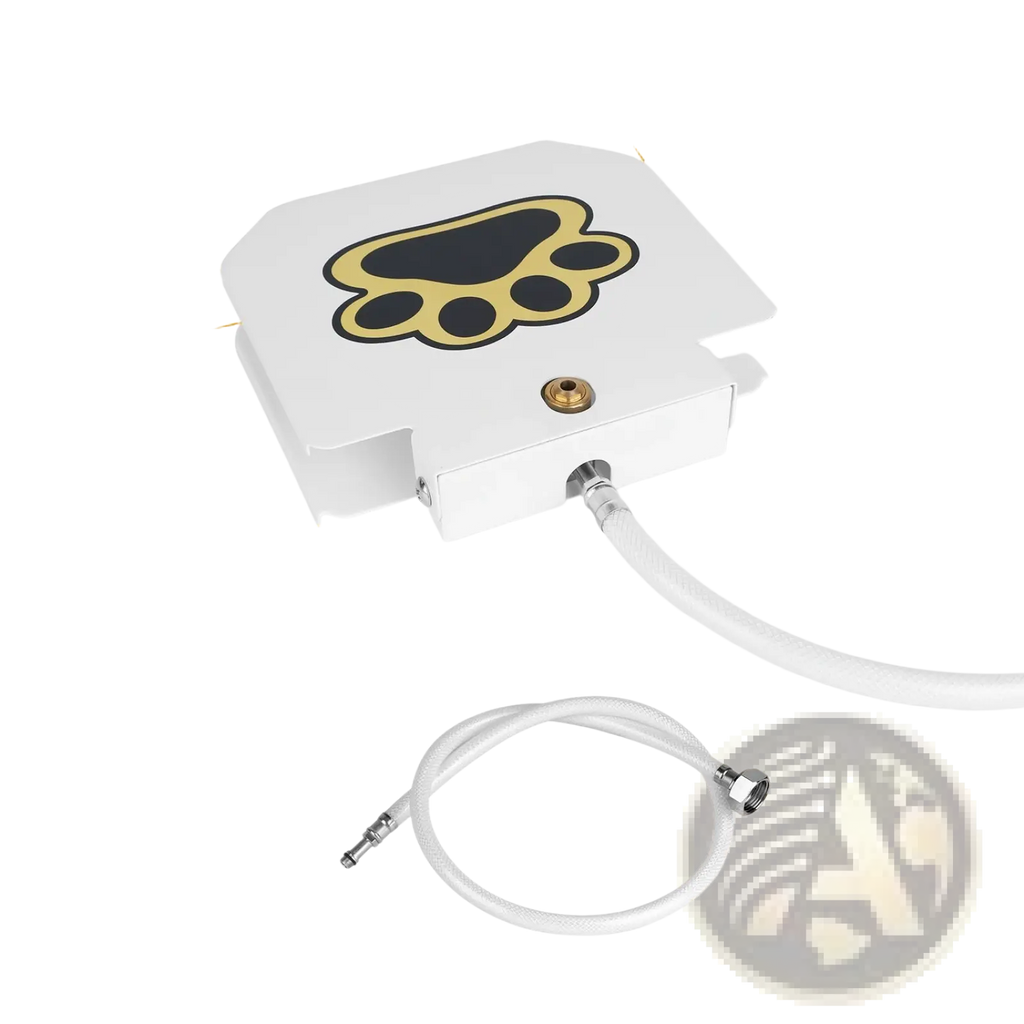 White rectangular dog water fountain with black and gold paw print design for outdoor pet sprinkler valve use