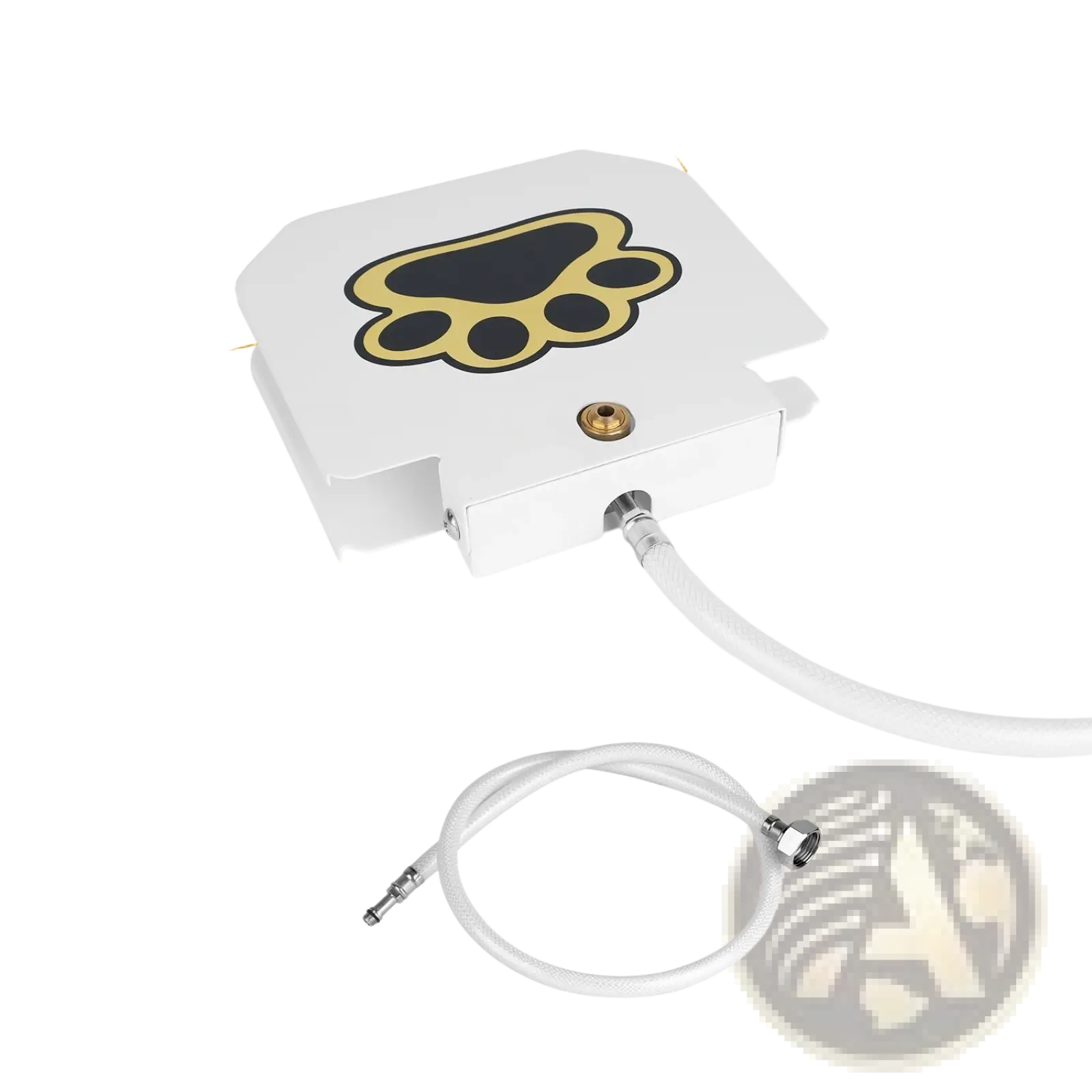 White rectangular dog water fountain with black and gold paw print design for outdoor pet sprinkler valve use