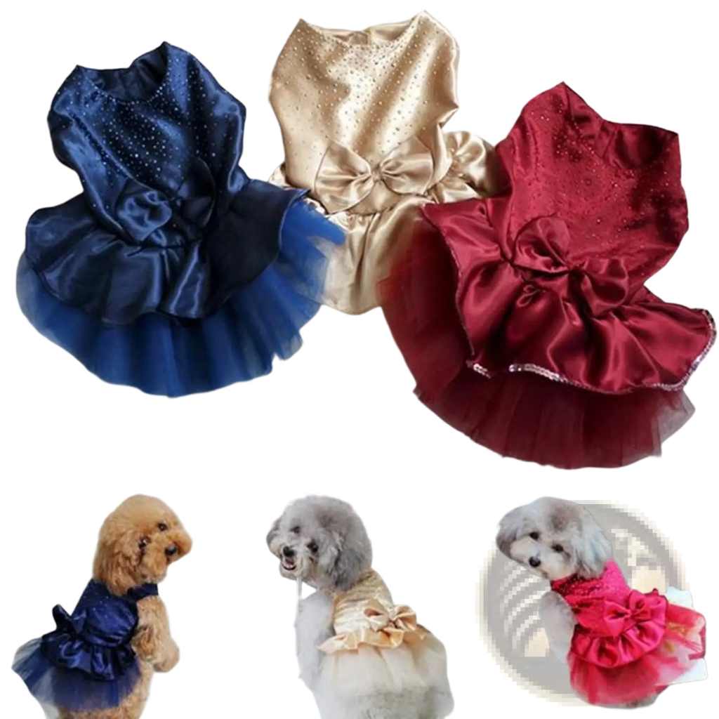 Three elegant dog wedding dresses in navy blue gold and red satin with rhinestone embellishments and tulle skirts
