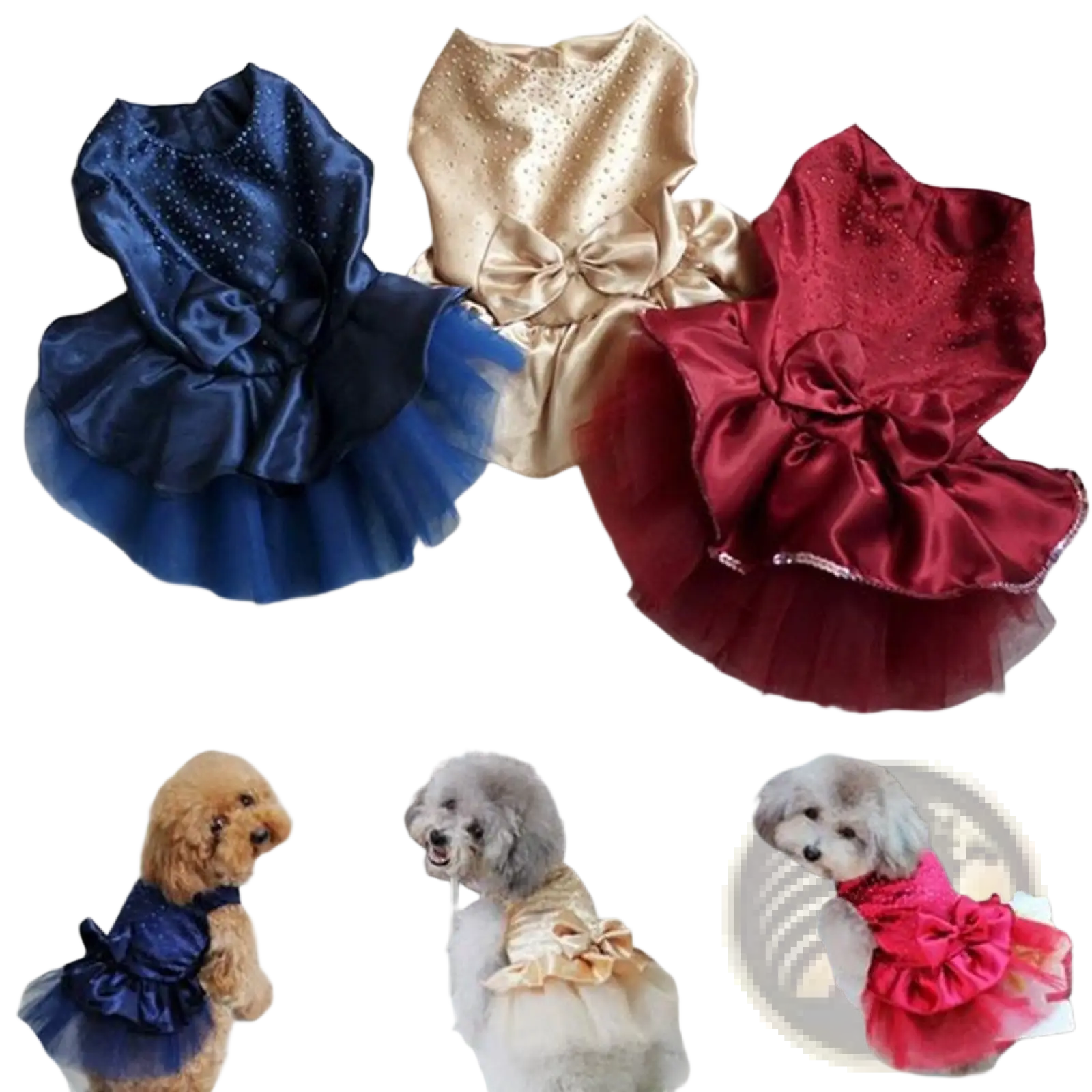 Three elegant dog wedding dresses in navy blue gold and red satin with rhinestone embellishments and tulle skirts