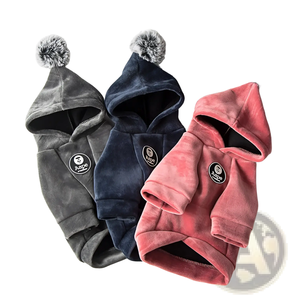 Three cozy dog winter velvet hooded jackets in gray navy blue and pink with pom poms and bape logo patches