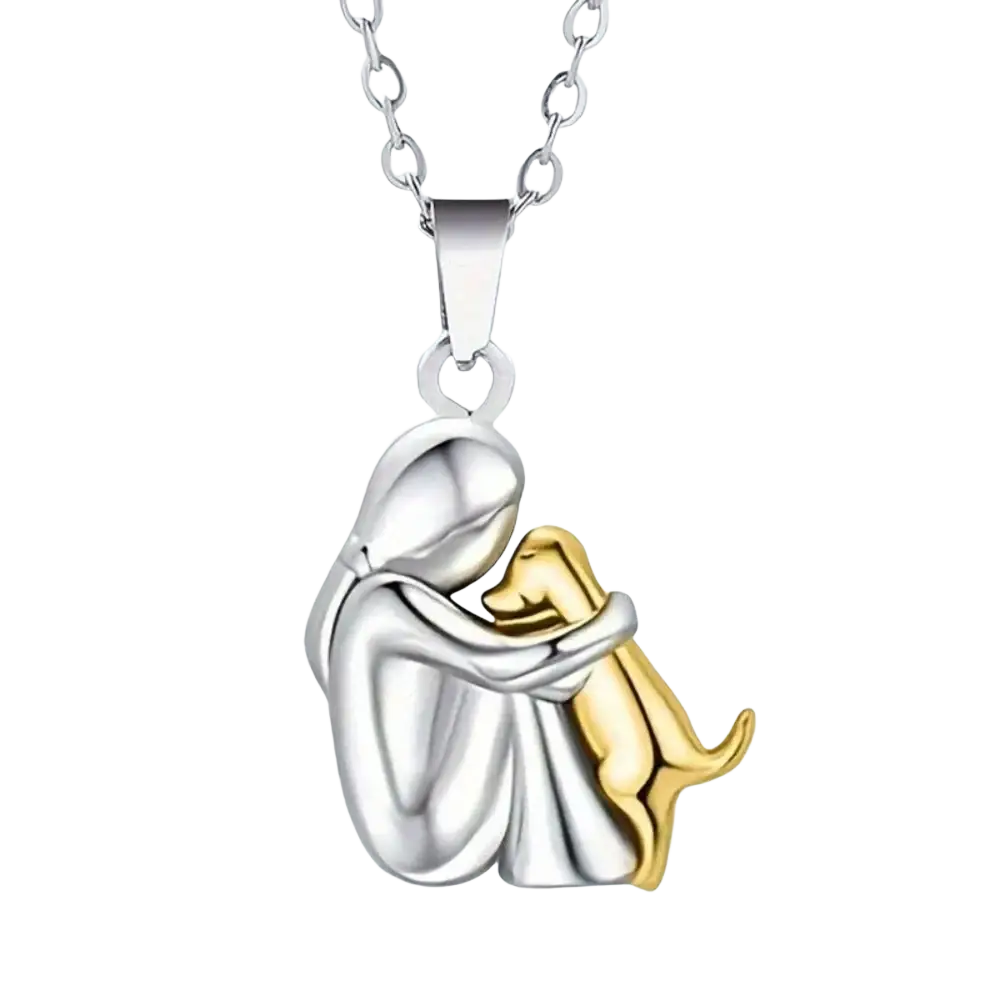 Silver and gold two-tone alloy pendant necklace featuring a stylized figure embracing a dog in a hugging design