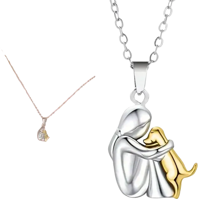 Silver and gold two-tone alloy pendant necklace featuring a stylized woman embracing a dog with flowing contours