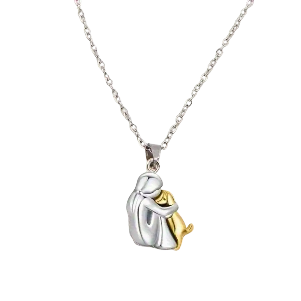 Silver and gold two-tone pendant necklace featuring a delicate embracing dog and woman design in alloy jewelry