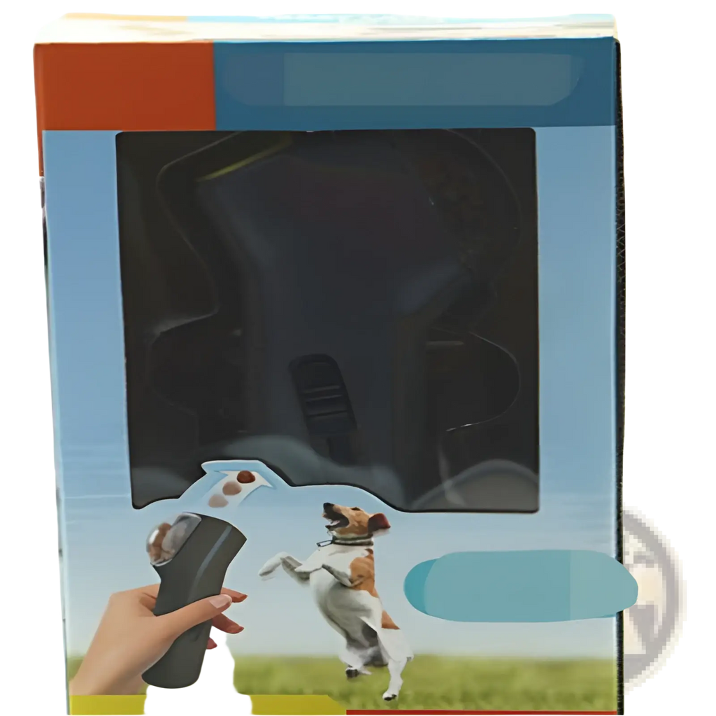 Black remote-controlled doggie treat launcher pet toy in colorful box with illustrated jumping jack russell terrier scene