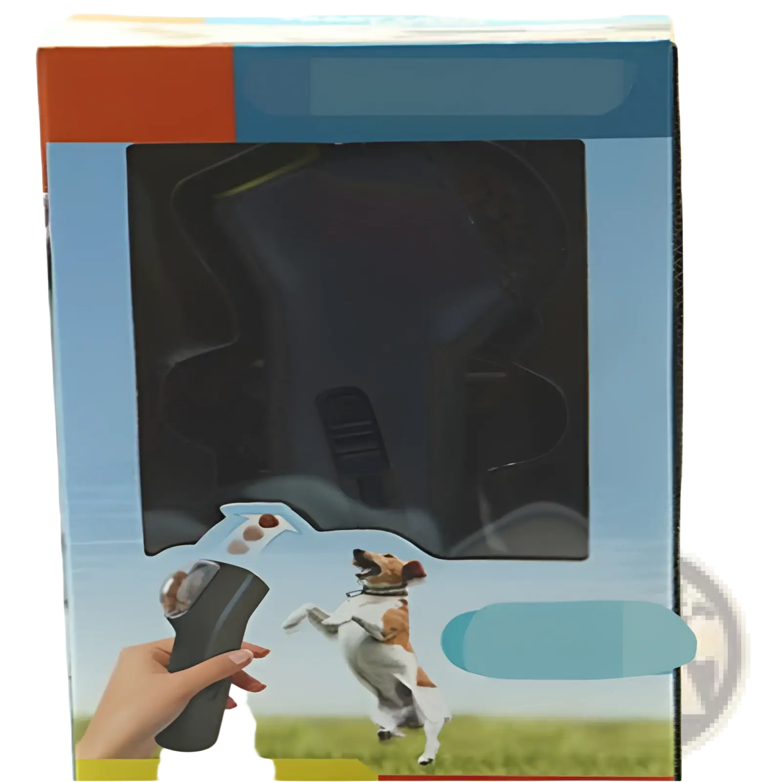Black remote-controlled doggie treat launcher pet toy in colorful box with illustrated jumping jack russell terrier scene