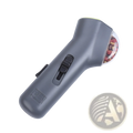 Gray handheld doggie treat launcher remote pet toy with clear dome head containing colorful peppercorns and black controls