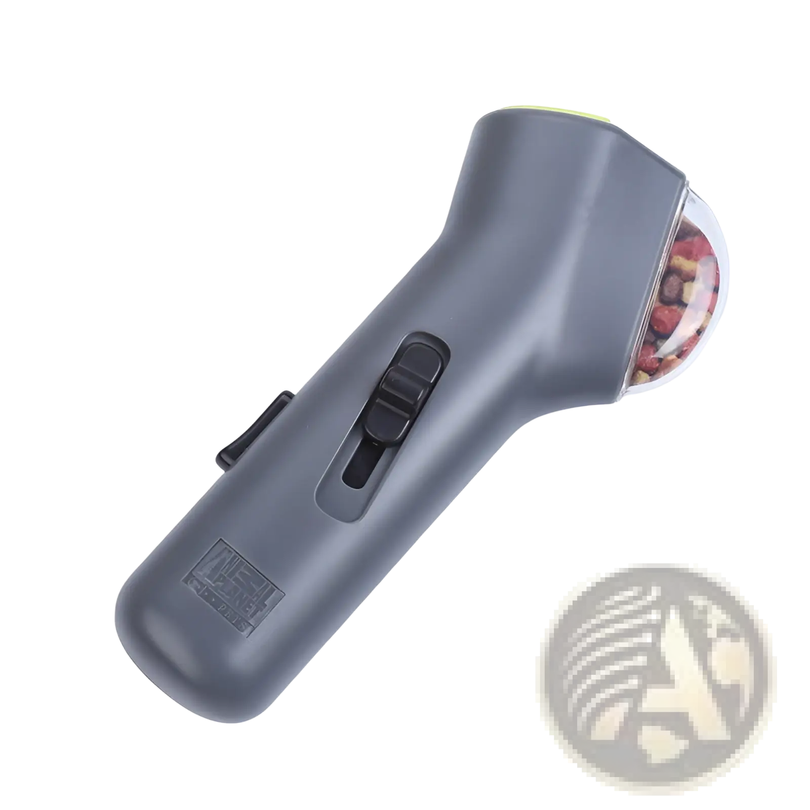 Gray handheld doggie treat launcher remote pet toy with clear dome head containing colorful peppercorns and black controls