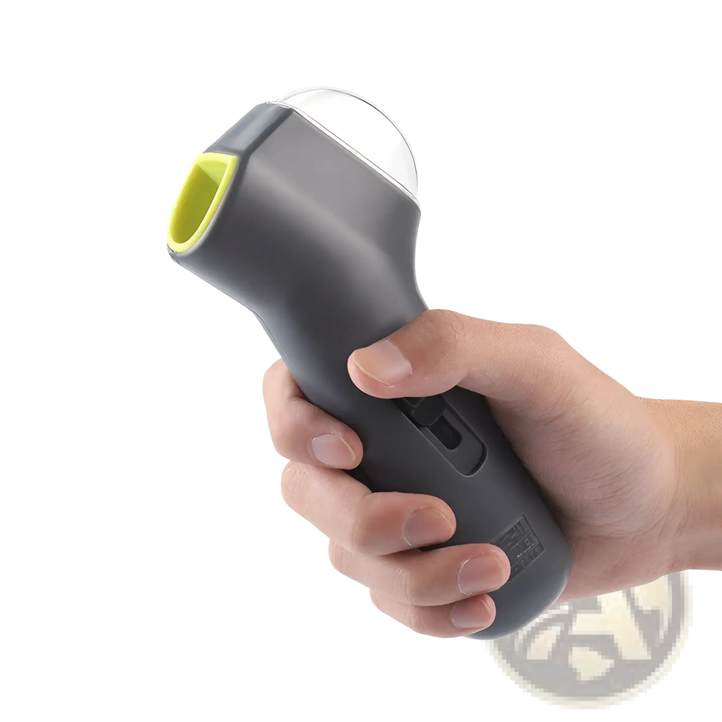 Gray and lime green handheld citrus juicer with clear dome top featured alongside doggie treat launcher remote pet toy with seeds