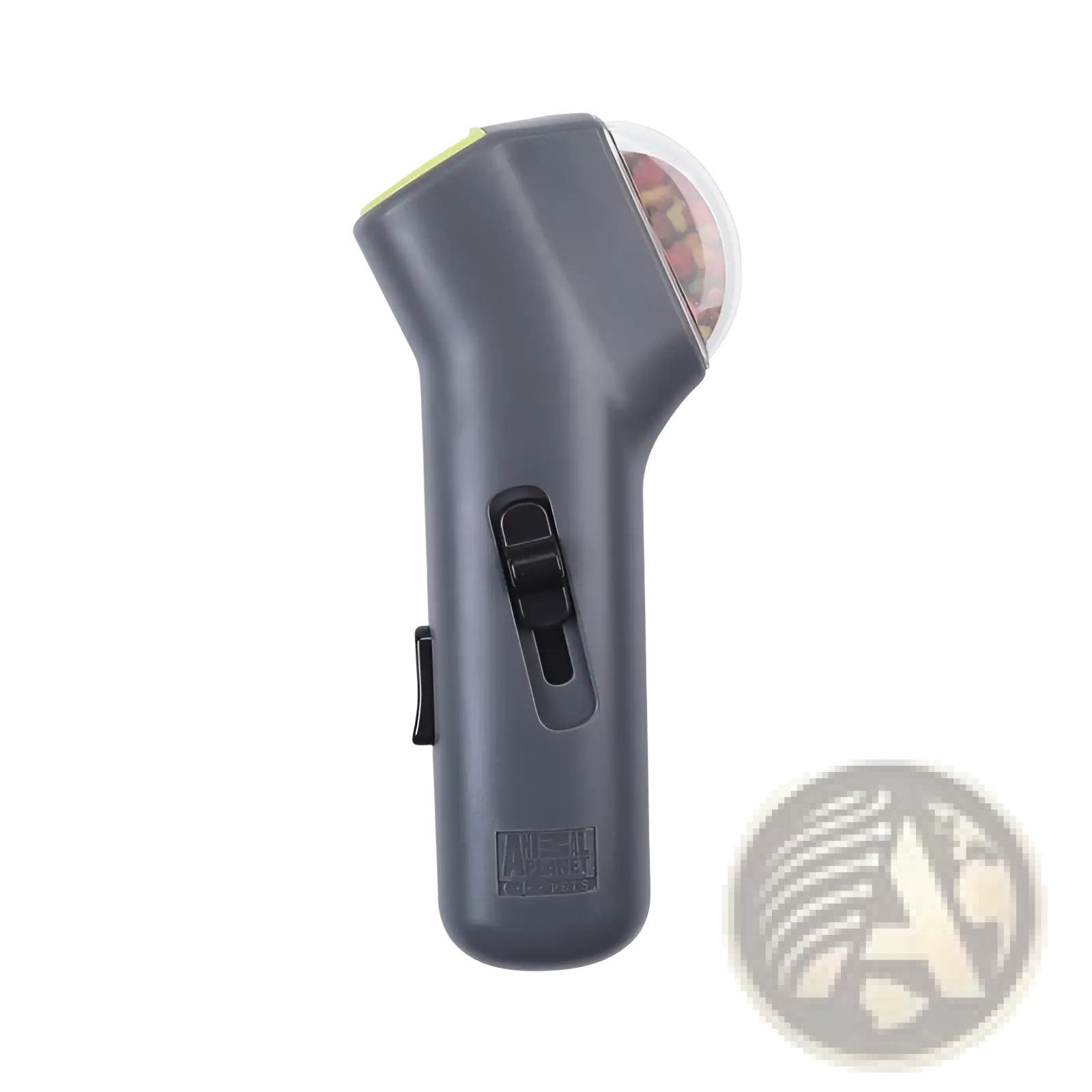 Gray plastic doggie treat launcher remote pet toy with transparent dome showing colorful seeds and black side switch
