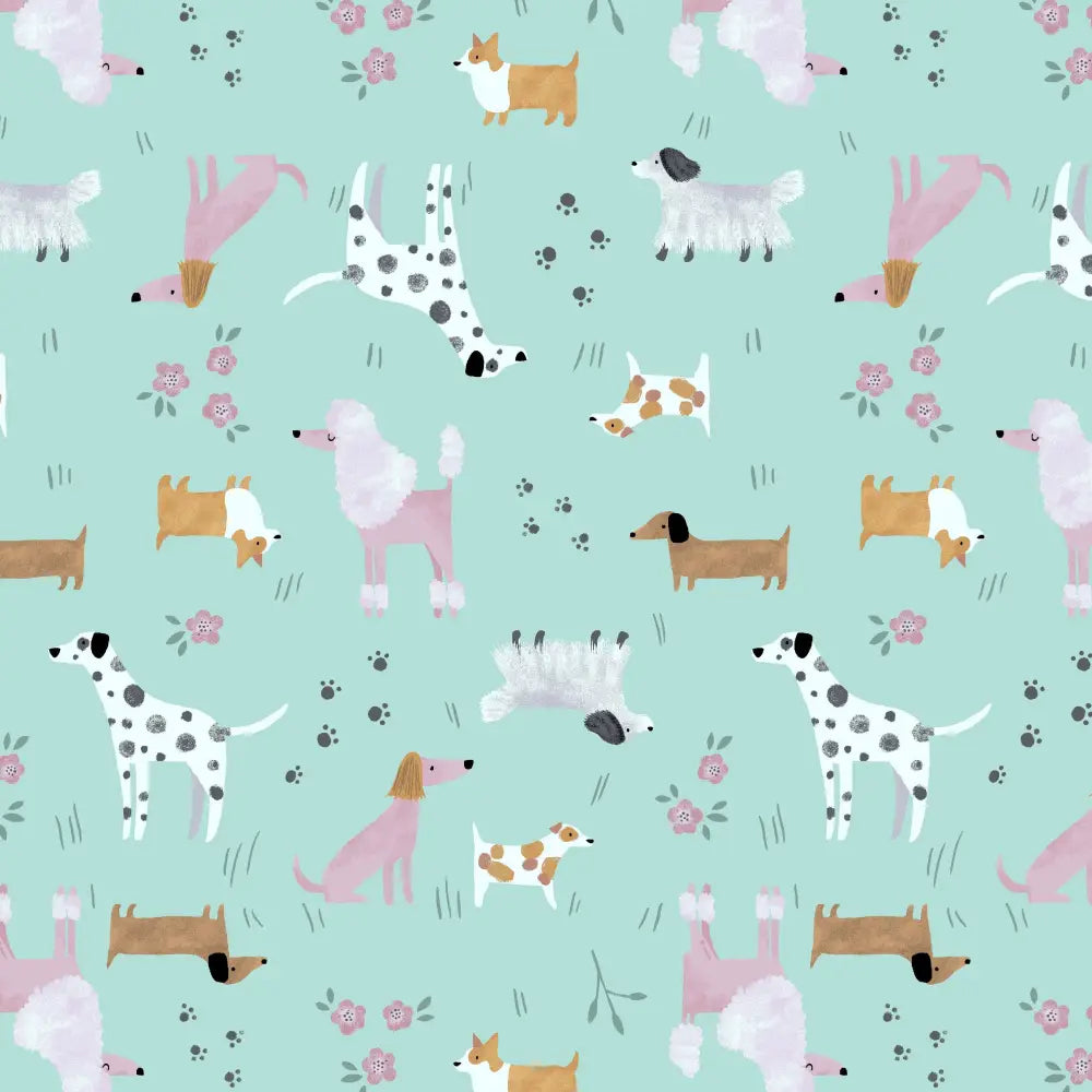 Pastel-colored cartoon dogs on a light mint green background on a mint dachshund print retro a-line cotton dress with pockets