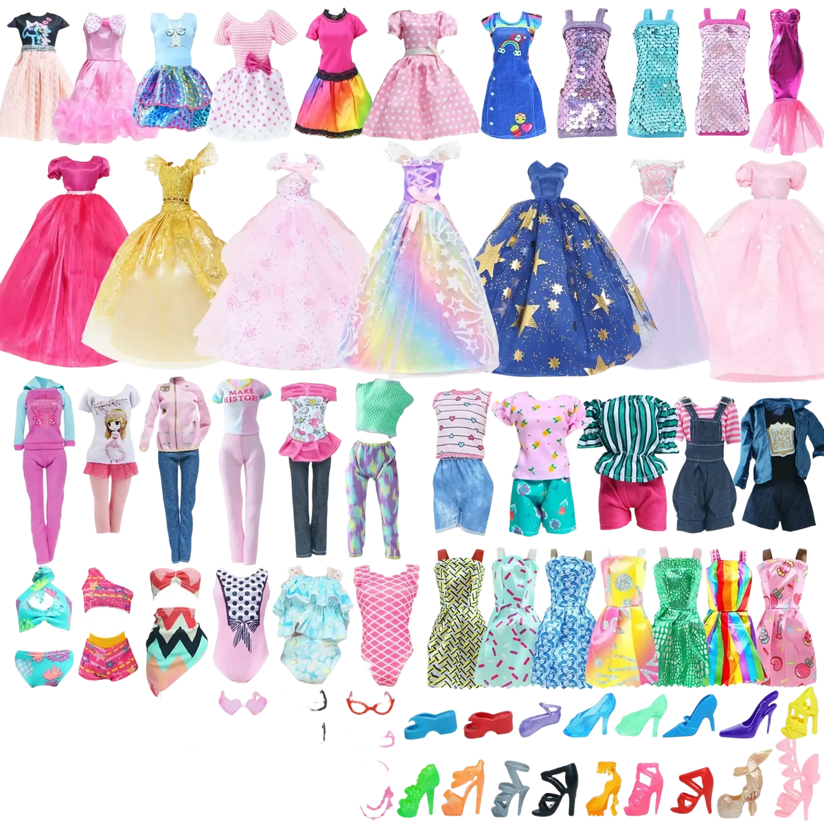 A 50 piece doll accessories set featuring colorful glittery and patterned barbie doll outfits and fashion items