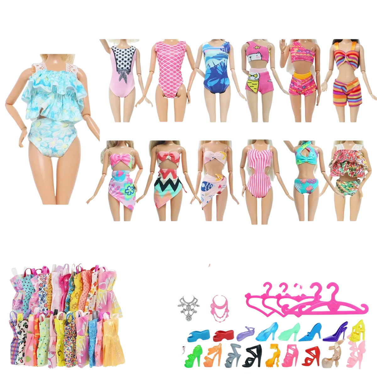 A collection of colorful patterned swimsuits and slip dresses for Barbie dolls in a 50 piece fashion outfit set