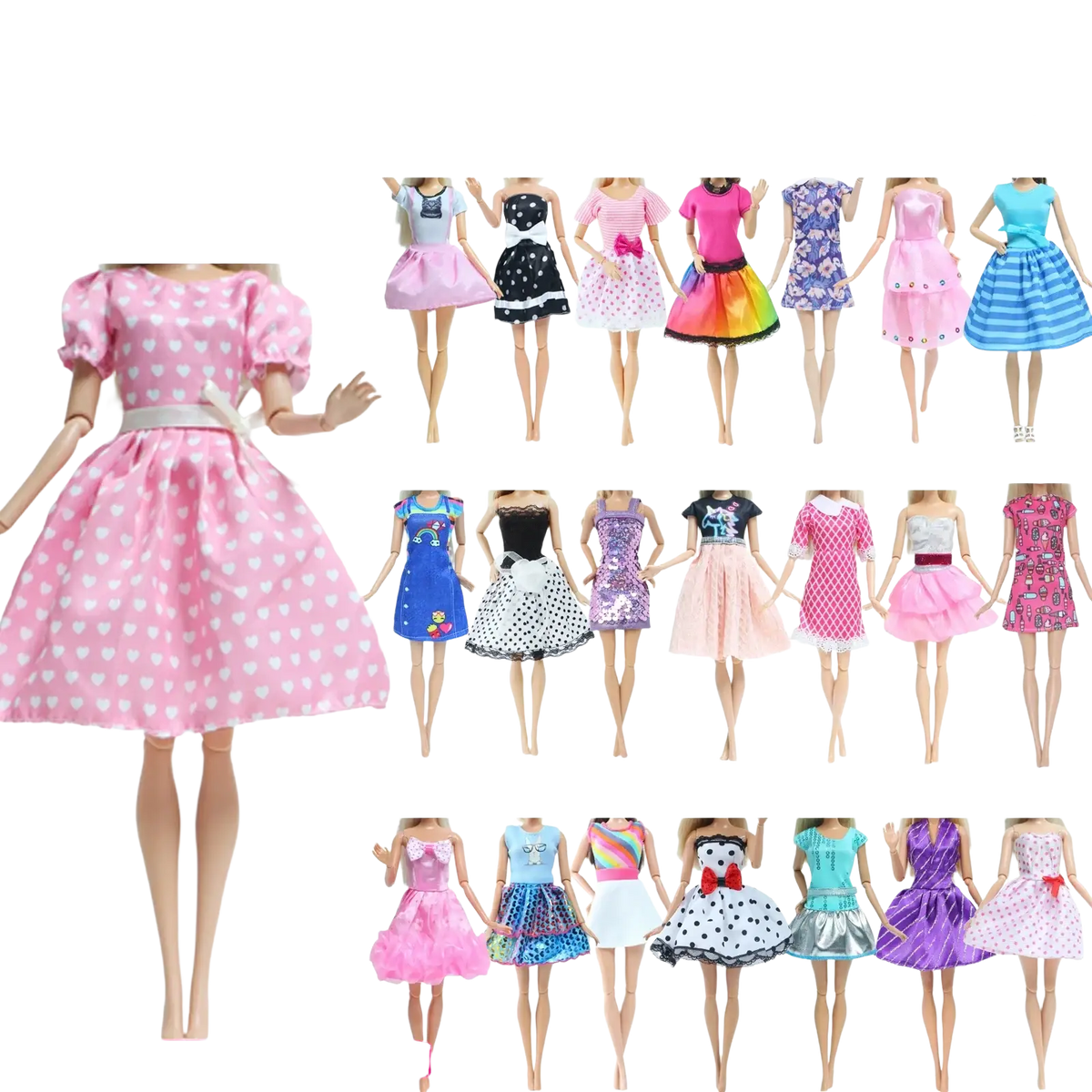 Pink heart-patterned dress with puffy sleeves and white belt from doll accessories set 50 piece fashion outfit collection