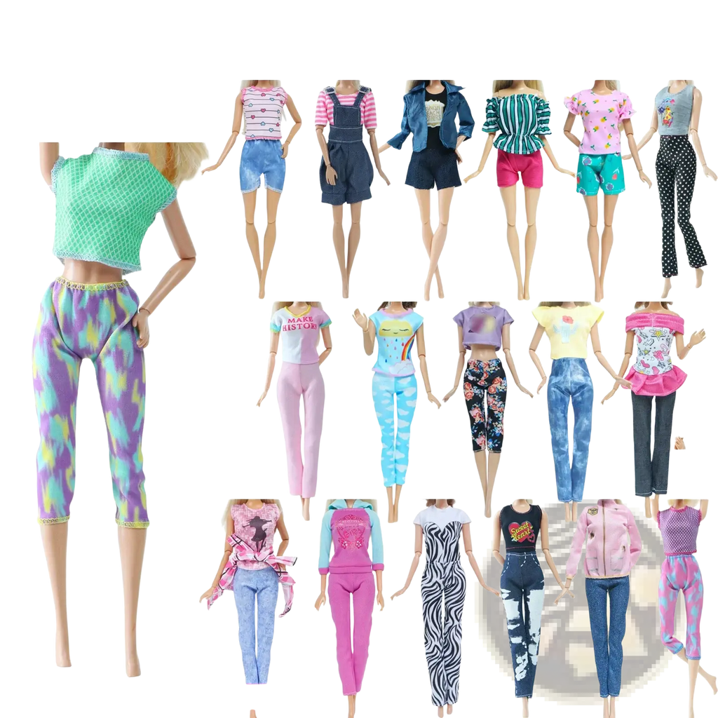 A vibrant tie dye capri pants in purple blue and yellow from the doll accessories set 50 piece fashion outfit collection
