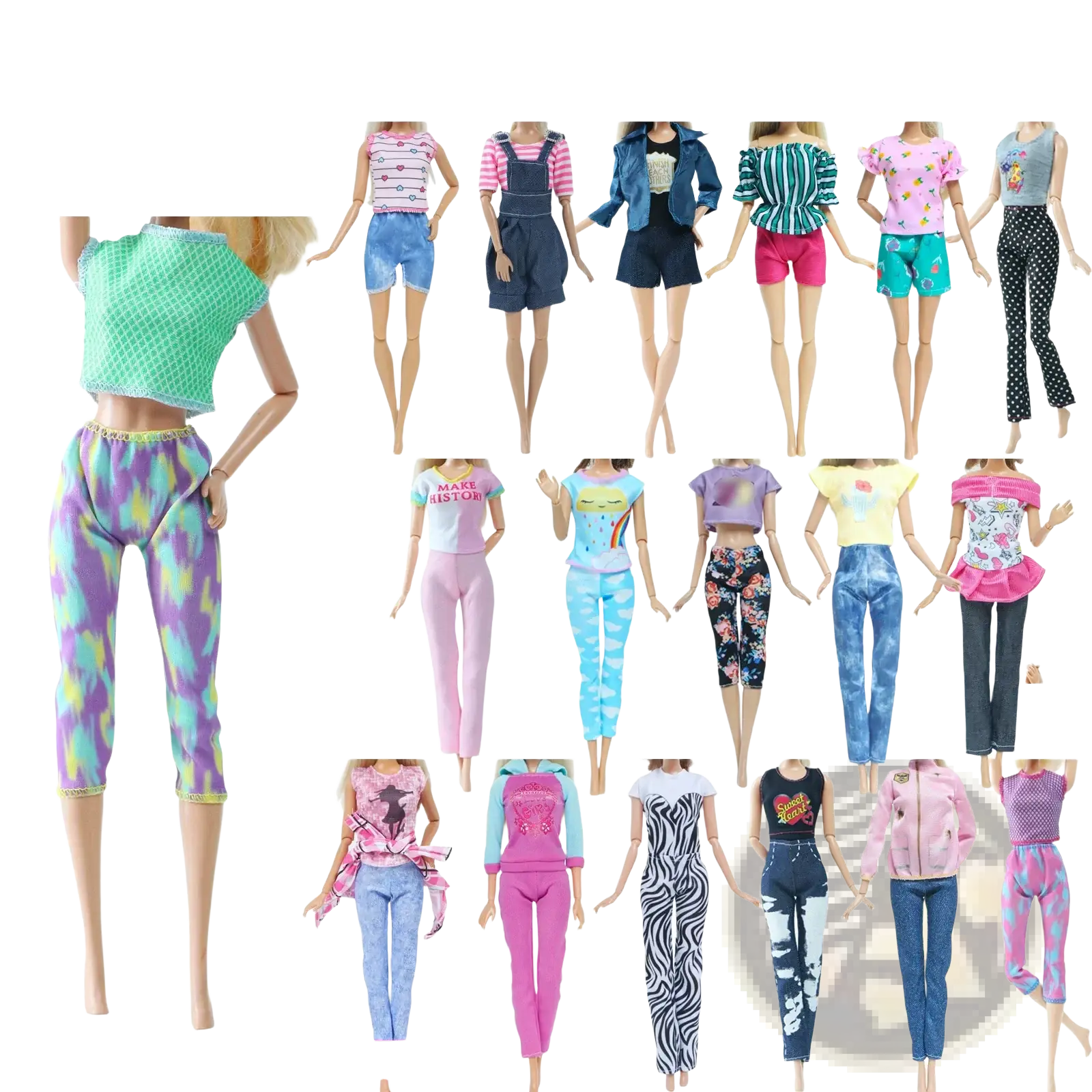 A vibrant tie dye capri pants in purple blue and yellow from the doll accessories set 50 piece fashion outfit collection
