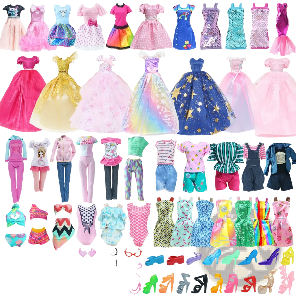 A 50 piece doll accessories set featuring colorful glittery and patterned barbie doll outfits and fashion items