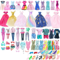 A 50 piece doll accessories set featuring colorful glittery and patterned barbie doll outfits and fashion items