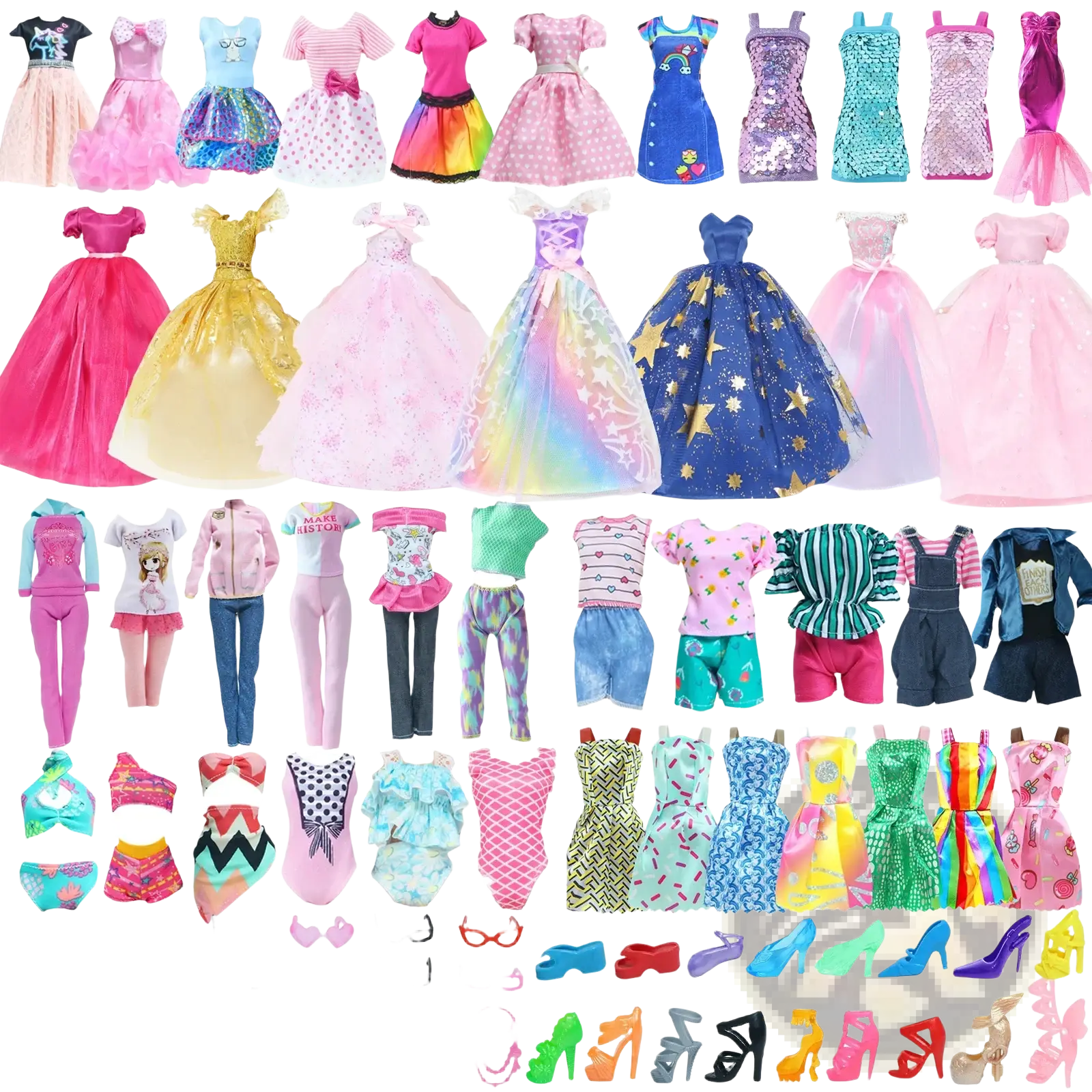 A 50 piece doll accessories set featuring colorful glittery and patterned barbie doll outfits and fashion items