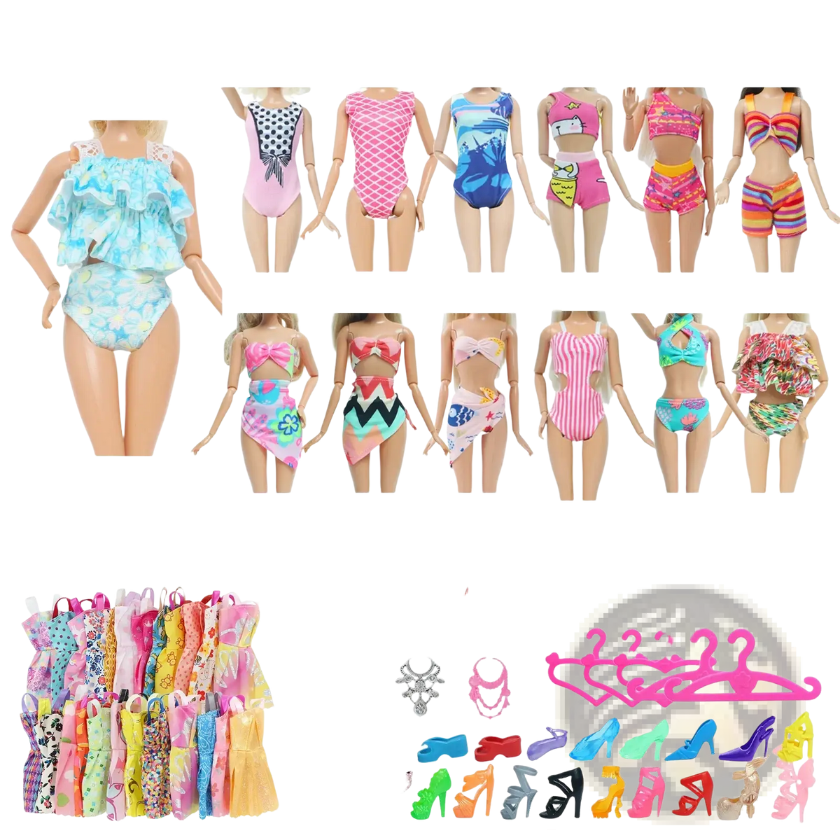 A collection of colorful patterned swimsuits and slip dresses for Barbie dolls in a 50 piece fashion outfit set
