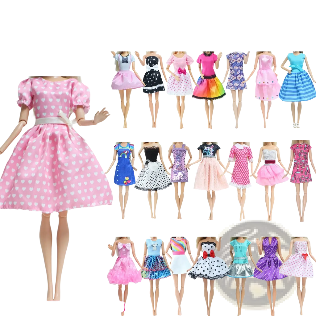 Pink heart-patterned dress with puffy sleeves and white belt from doll accessories set 50 piece fashion outfit collection