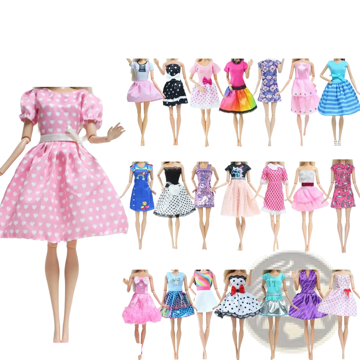 Pink heart-patterned dress with puffy sleeves and white belt from doll accessories set 50 piece fashion outfit collection