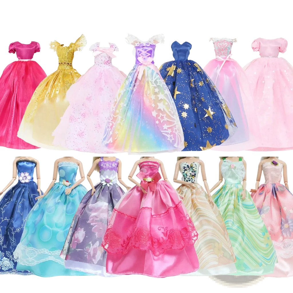 A collection of six vibrant glittery princess dresses for dolls from a 50 piece doll accessories fashion outfit set