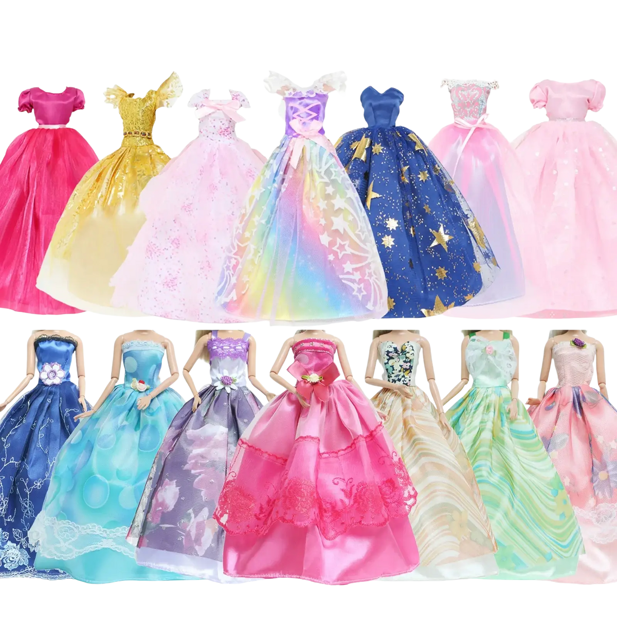 A collection of six vibrant glittery princess dresses for dolls from a 50 piece doll accessories fashion outfit set