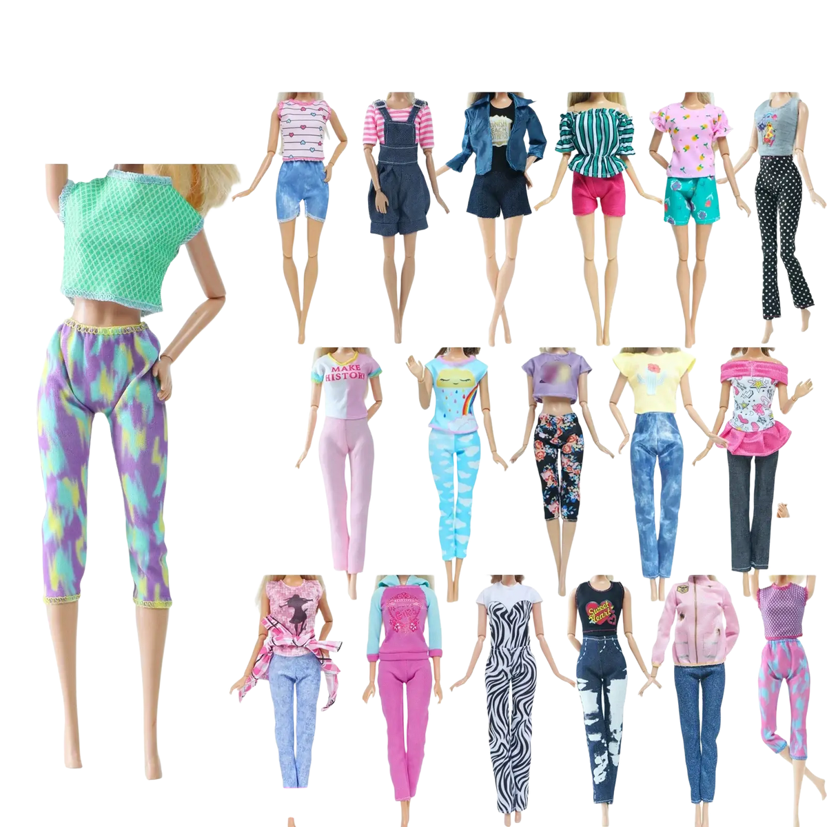A vibrant tie dye capri pants in purple blue and yellow from the doll accessories set 50 piece fashion outfit collection