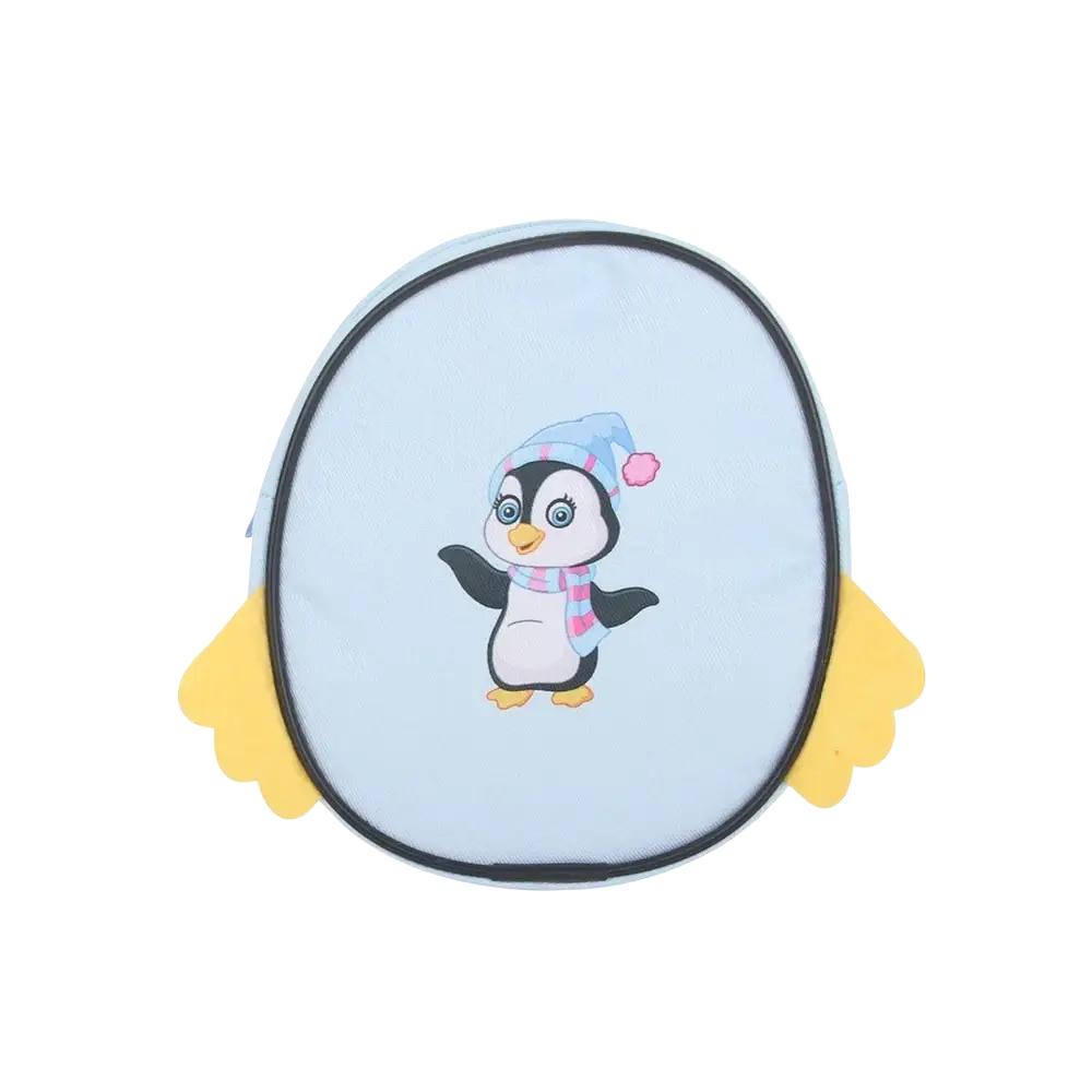 Light blue penguin-themed foldable storage bag with yellow wing flaps and cartoon penguin for travel accessory use