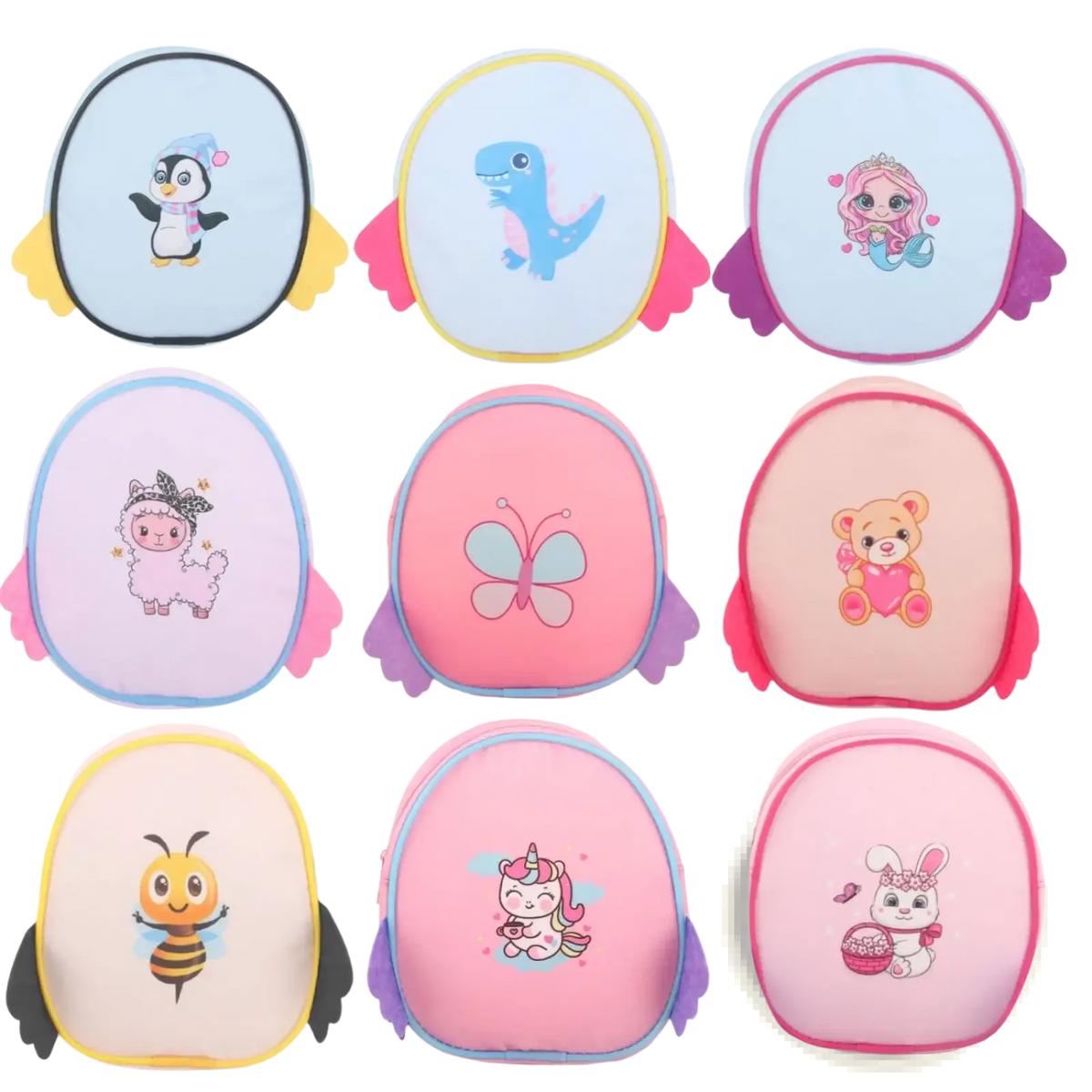 Pastel-colored doll backpacks with wing-like side flaps and cute cartoon prints for kids travel accessories