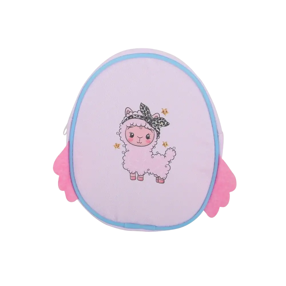 Pastel pink and light blue plush doll backpack featuring a cartoon alpaca with leopard print headband and star details