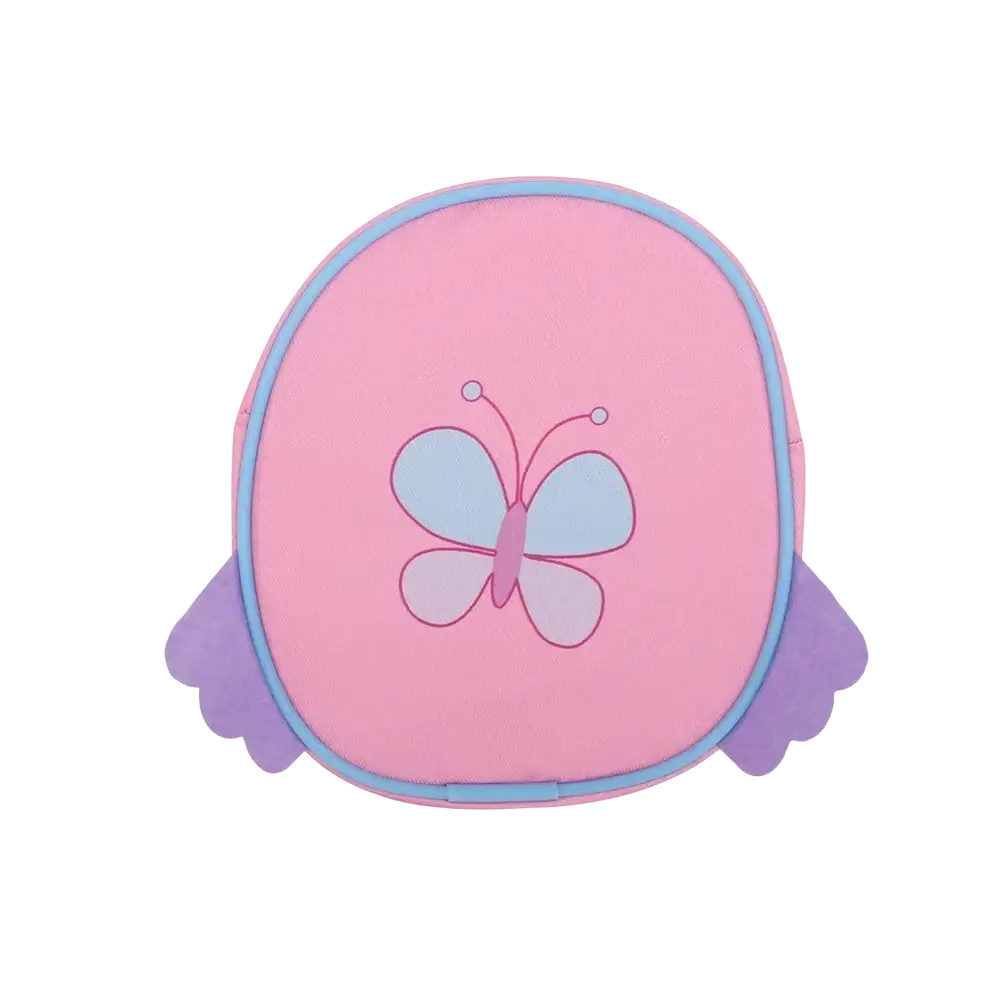 Pink butterfly-themed children’s doll backpack with light blue trim and purple wing accents for travel use