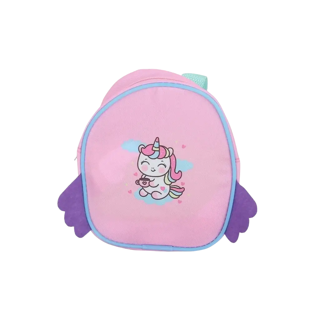 Pink children’s doll backpack cute mini cartoon travel case with unicorn design purple wings and light blue trim