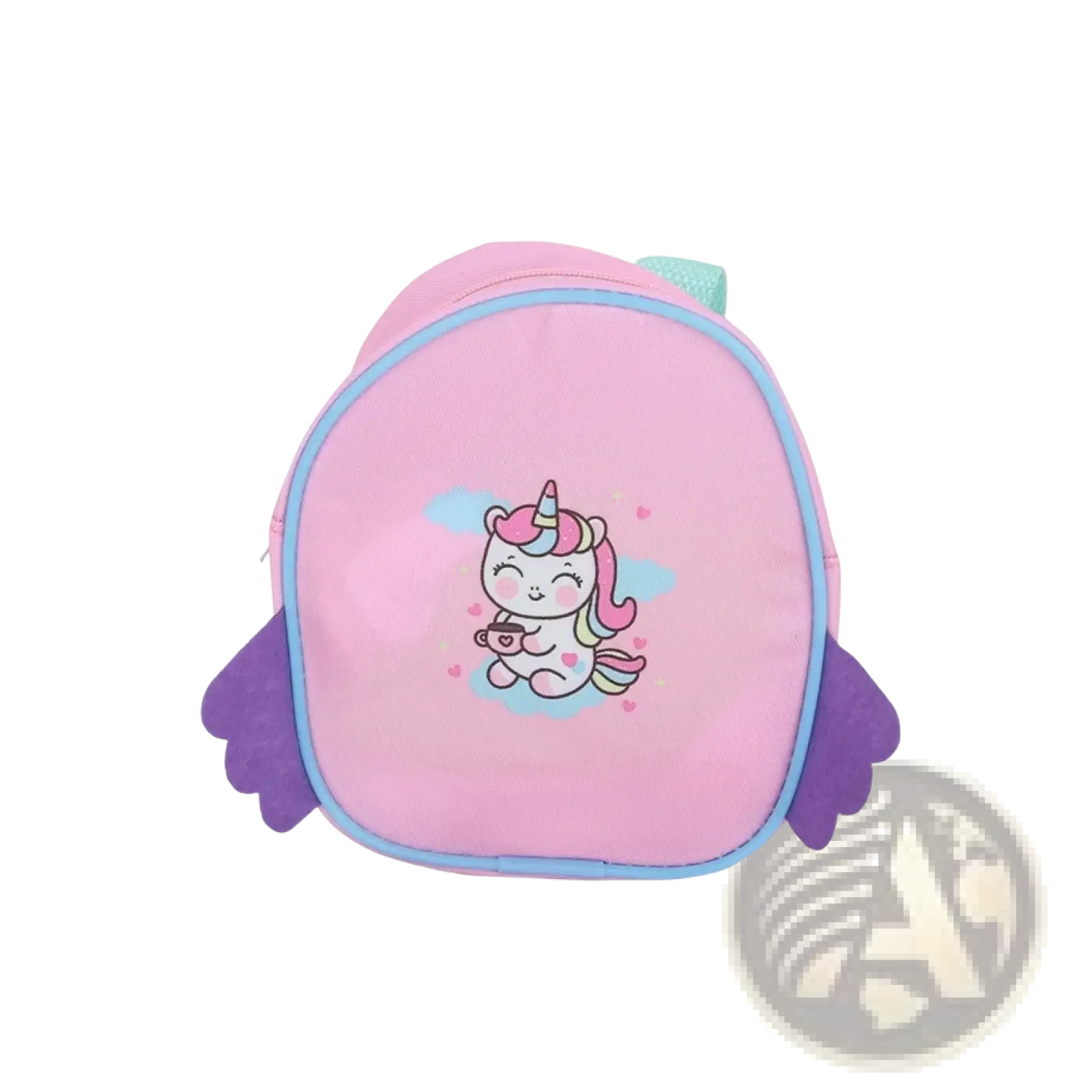 Pink mini children’s backpack with cartoon unicorn design purple wing accents and light blue trim for travel accessory use