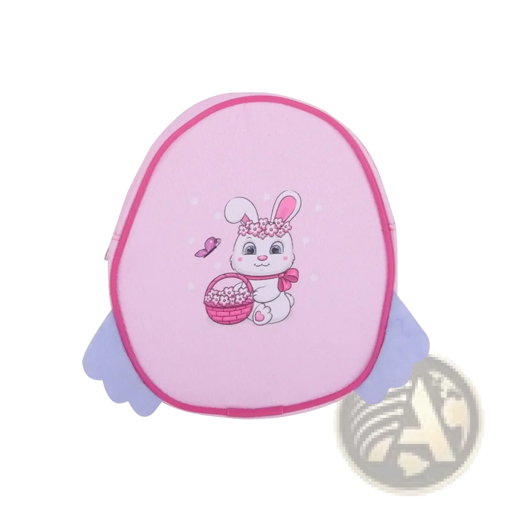 Pink egg-shaped doll backpack featuring a white bunny with a floral crown and light purple wing flaps for travel use