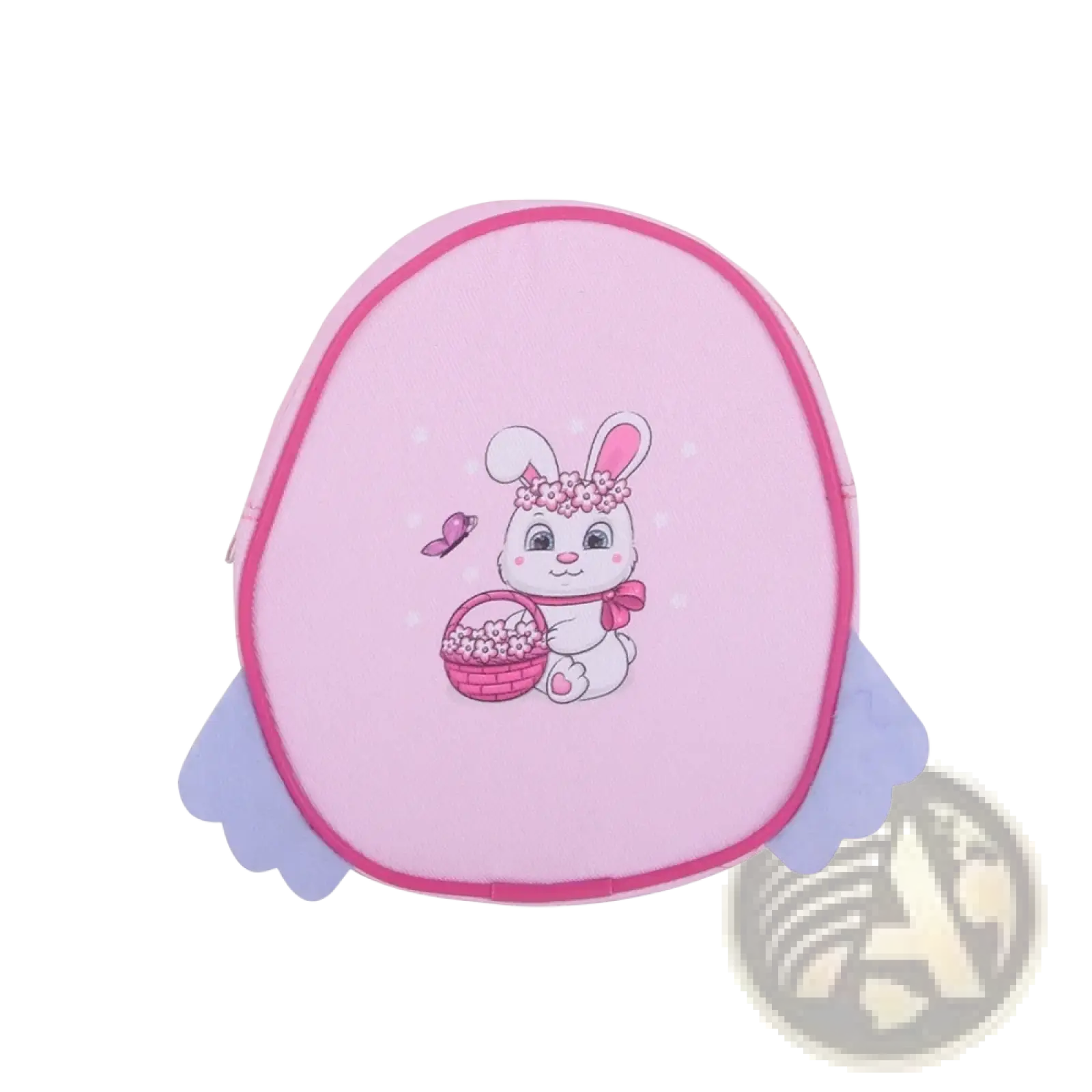 Pink egg-shaped doll backpack featuring a white bunny with a floral crown and light purple wing flaps for travel use