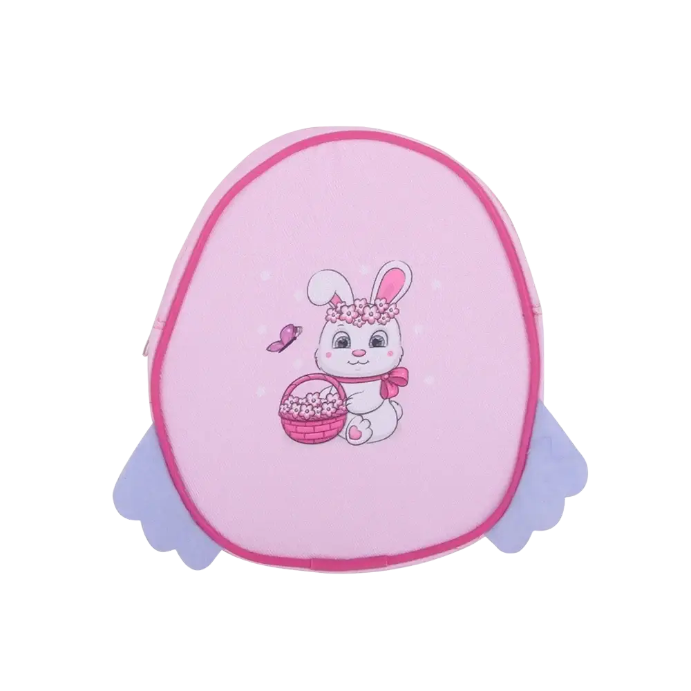 Pink egg-shaped doll backpack featuring a white bunny with pink floral crown and light purple wing-like flaps for travel use