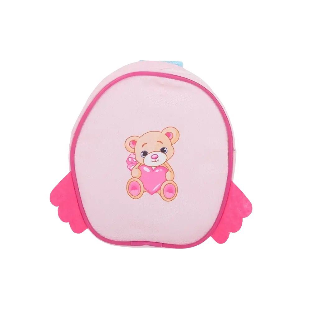 Pink plush doll backpack with cute cartoon bear holding heart and matching wings perfect for mini travel accessory