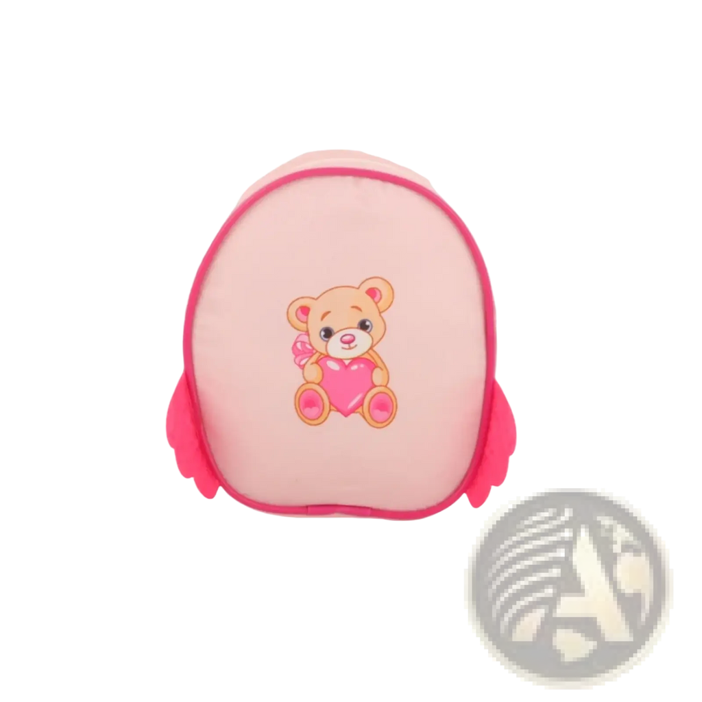 Doll backpack cute mini pink plush travel case with embroidered teddy bear holding heart and soft rounded wings
