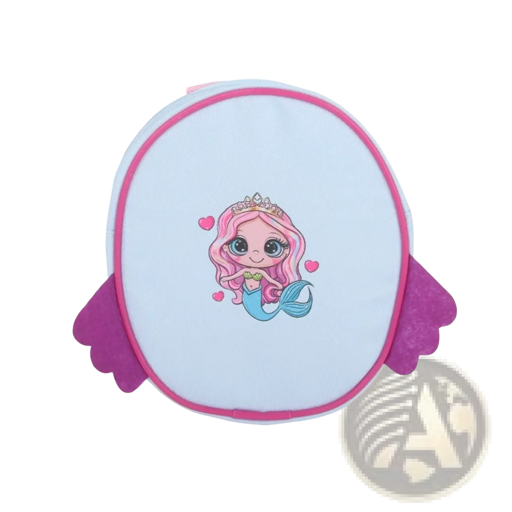 A soft light blue plush doll backpack with pink trim and purple wings featuring a cartoon mermaid design
