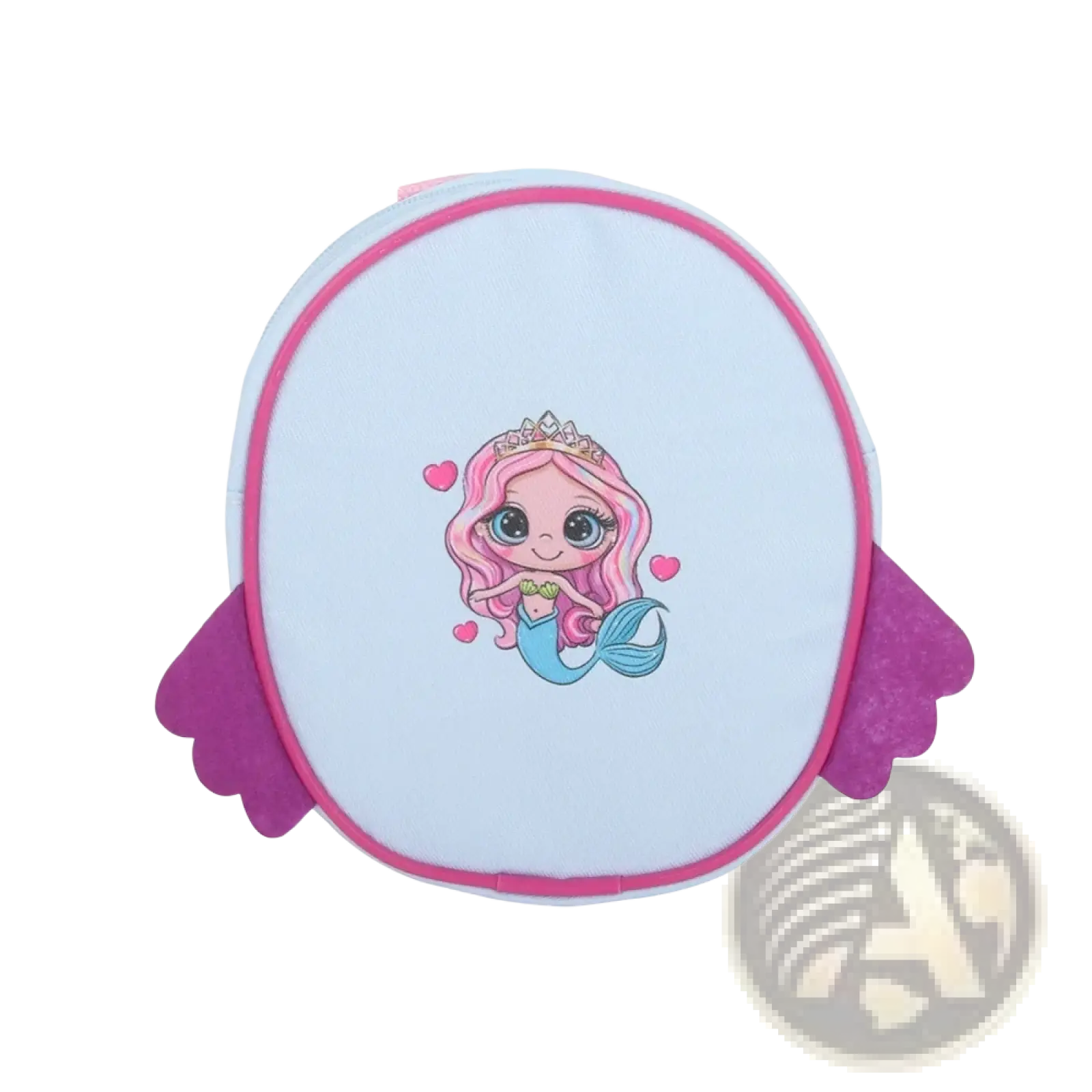 A soft light blue plush doll backpack with pink trim and purple wings featuring a cartoon mermaid design