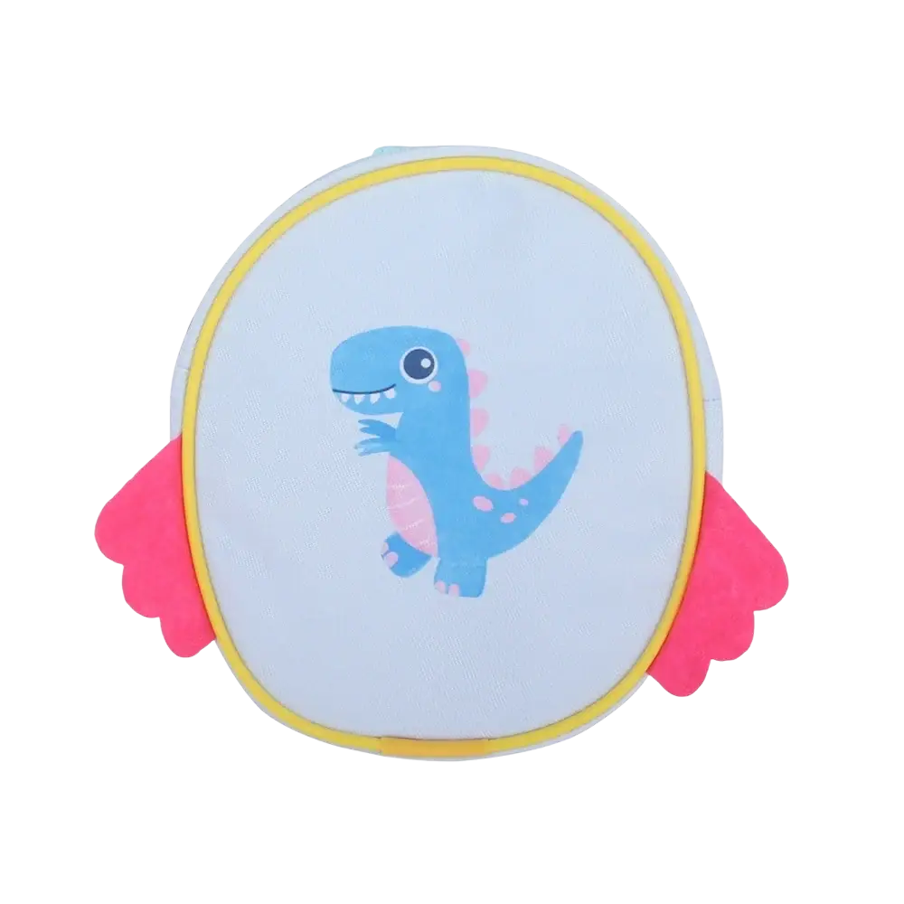 A soft light blue plush dinosaur doll backpack with pink wings and yellow trim for cute mini travel accessory use