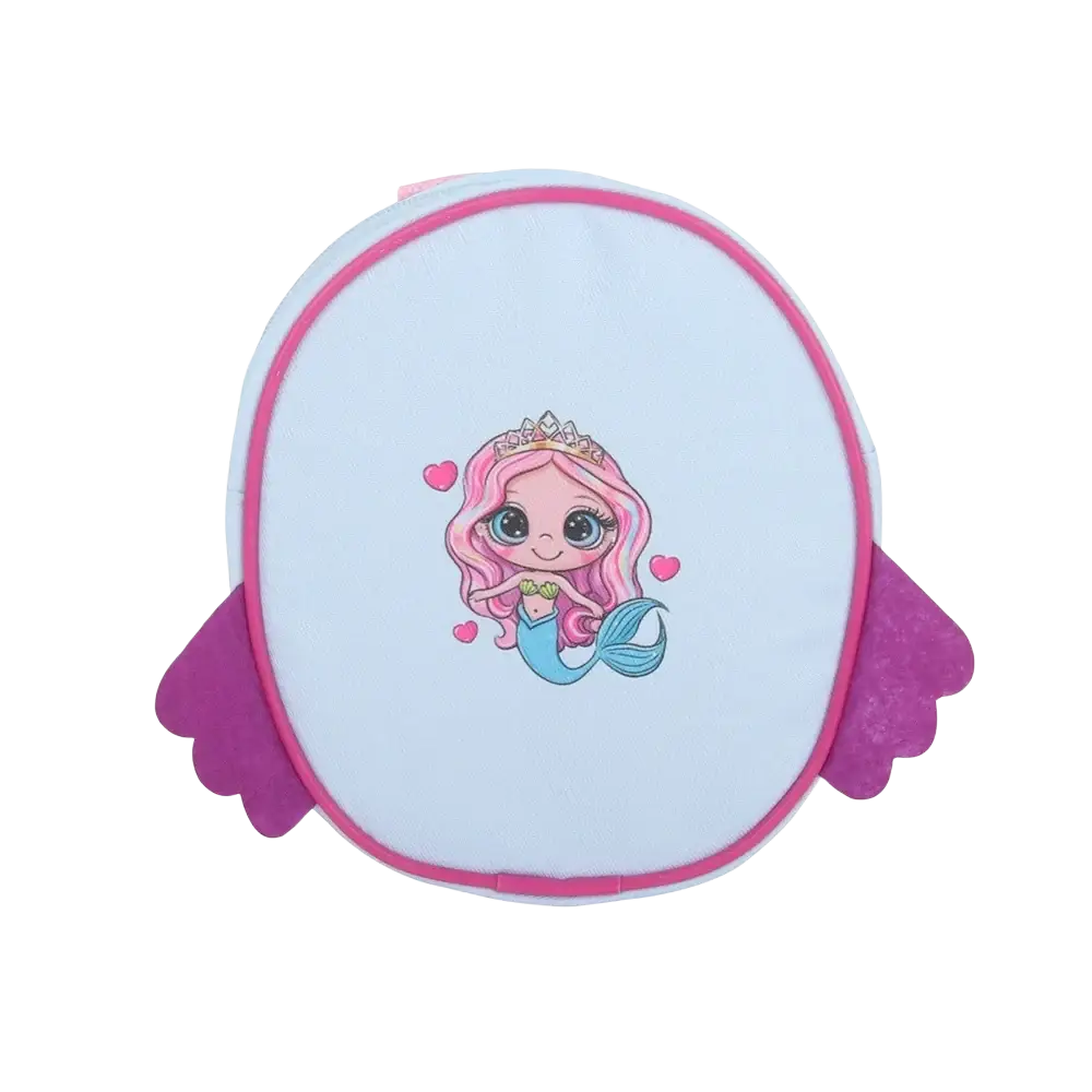 A soft light blue plush doll backpack with pink trim and purple wings featuring a cartoon mermaid for travel use