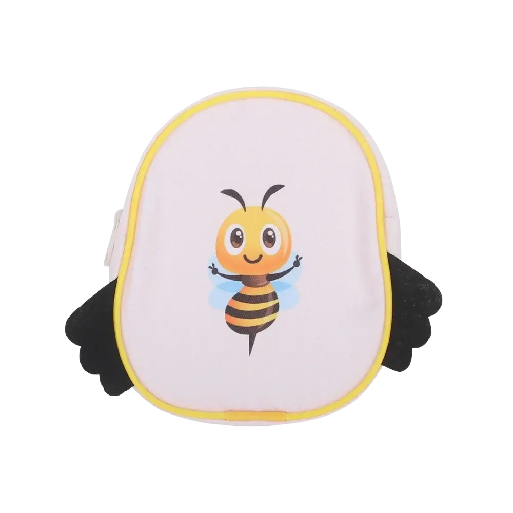 A cute white bee-themed mini backpack with yellow trim and black fabric wings for travel or daily use