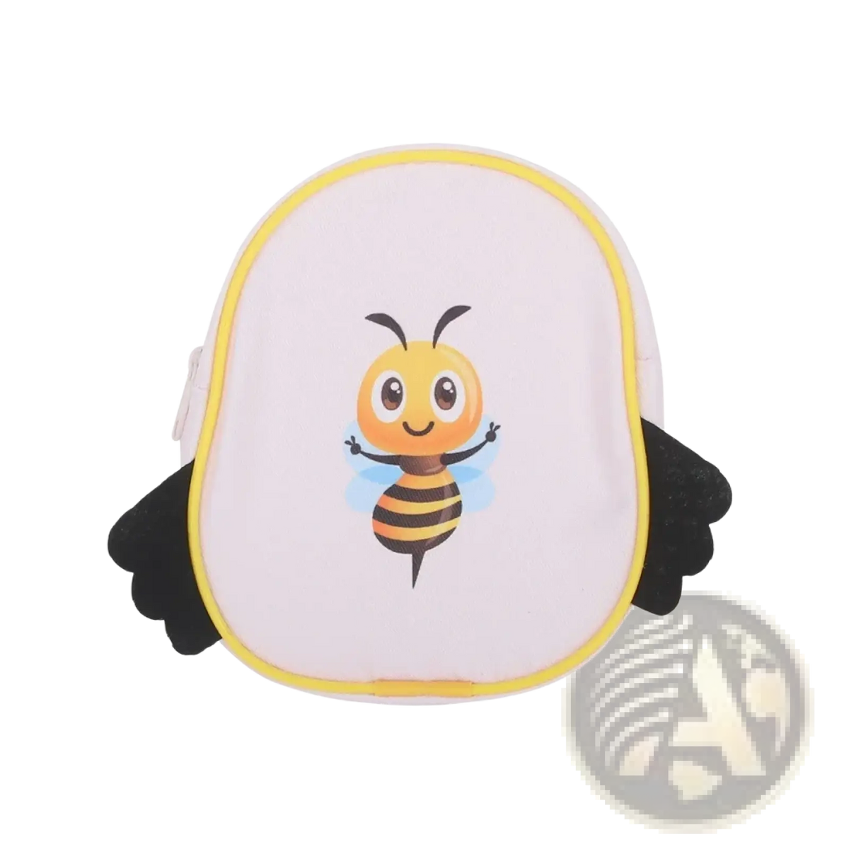 A cute white bee-themed mini backpack with yellow trim and black fabric wings for travel and accessory use